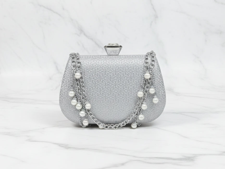 Silver Double Chain Clutch